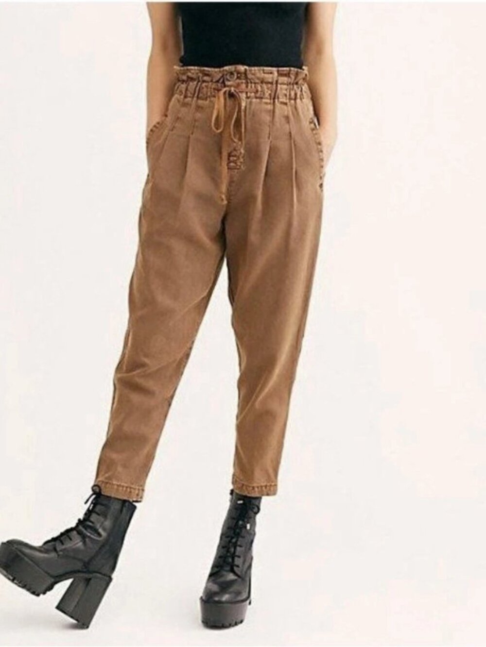 Free People Margate Pleated Pant Paperbag Waist Trousers in Tamarind Brown - XS
